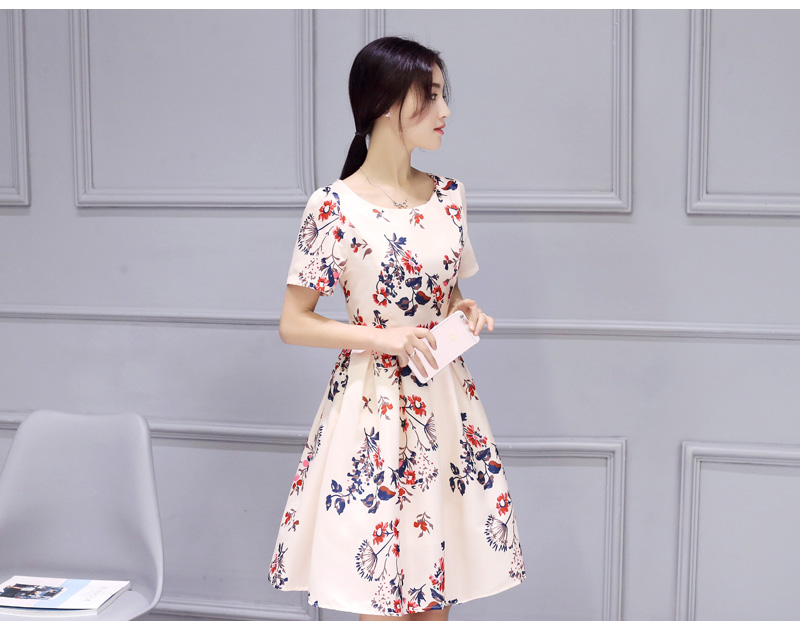 JEANE-SUNP2016夏装新款韩版女装蓬蓬A字裙子中长短袖修身印花连衣裙女潮