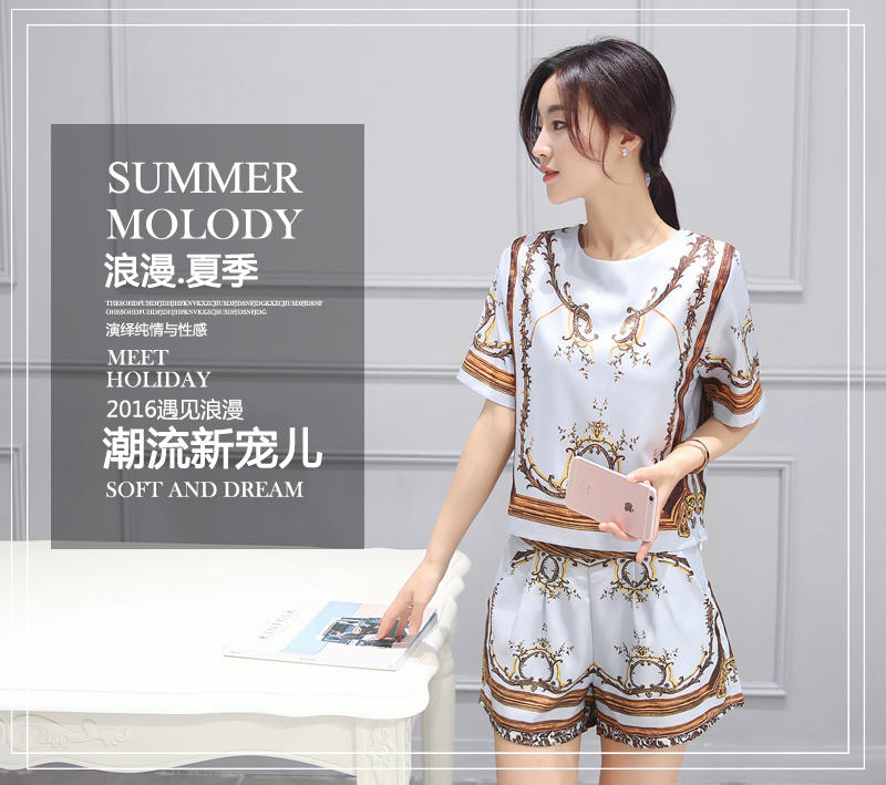 JEANE-SUNP2016新品上市女士夏季韩版圆领短袖韩版印花修身两件套潮