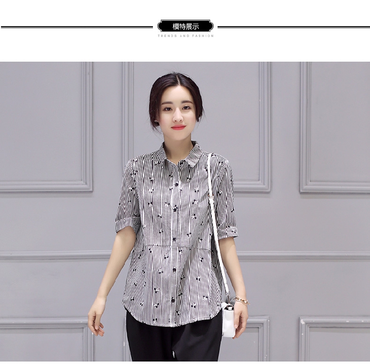 JEANE-SUNP2016年夏女装韩版潮女士条纹衬衫衬衣POLO领单排多扣短袖直筒拼接