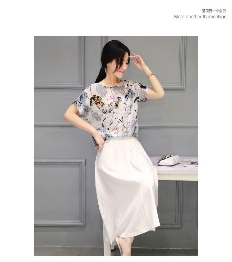 JEANE-SUNP2016年夏季圆领短袖修身印花T恤宽松网纱纯色半身裙两件套