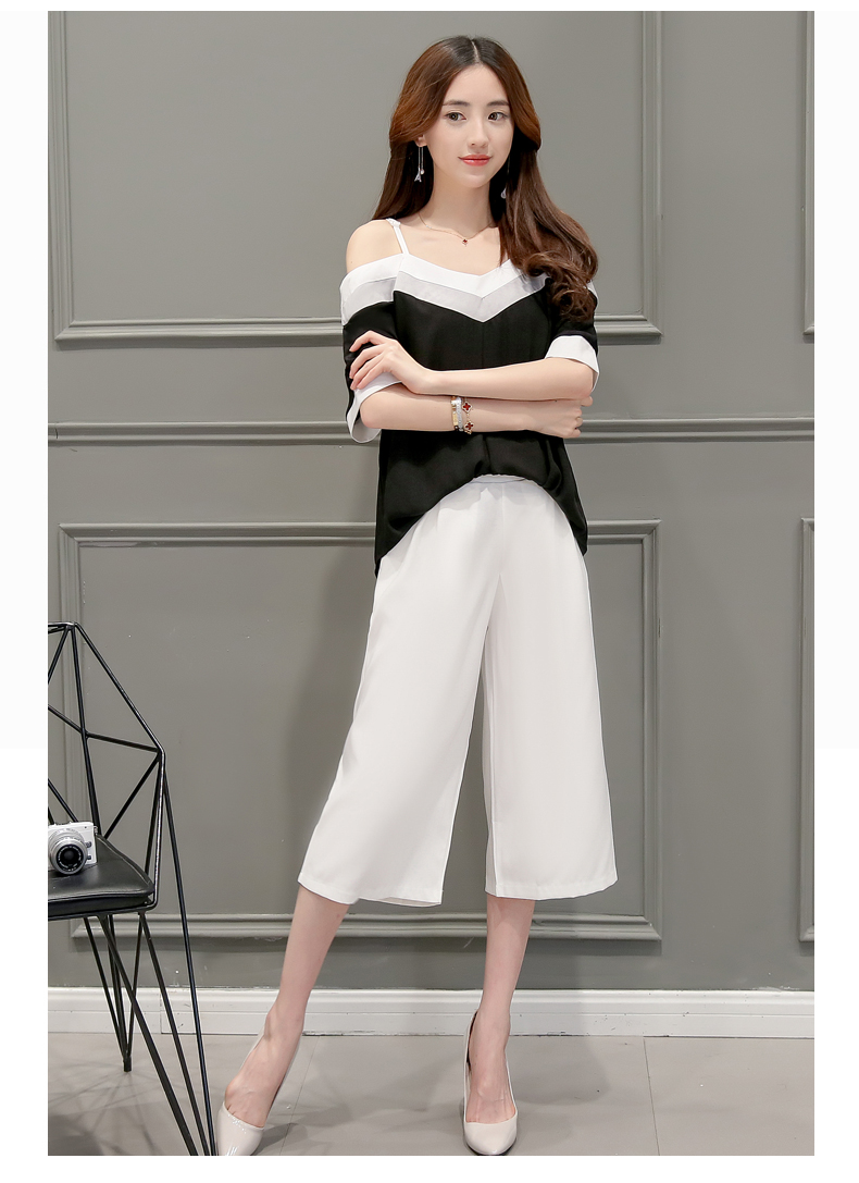 JEANE-SUNP2016夏季新款韩版时尚露肩V领宽松上衣高腰直筒裤阔腿两件套装女