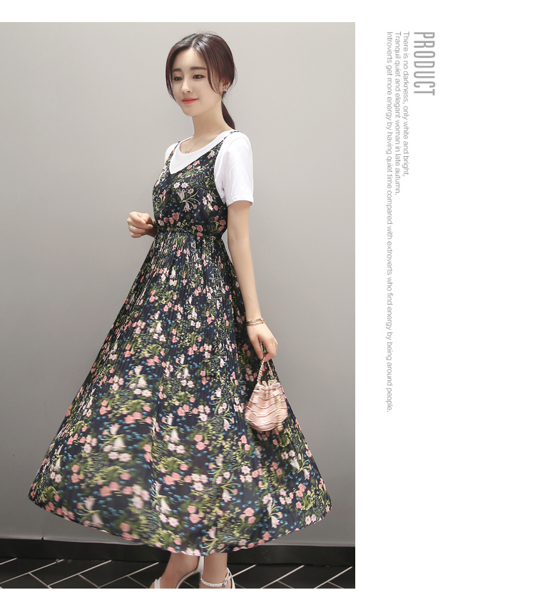JEANE-SUNP2016夏季长裙通勤新款女装印花长裙圆领中腰大摆型韩版连衣裙
