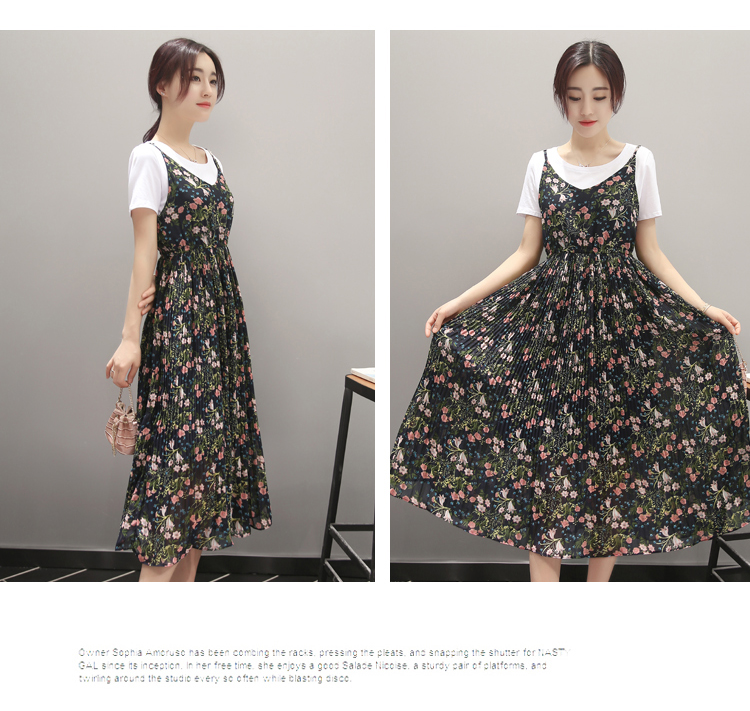 JEANE-SUNP2016夏季长裙通勤新款女装印花长裙圆领中腰大摆型韩版连衣裙