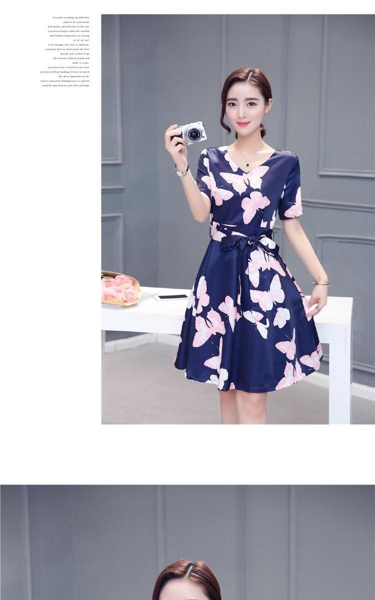 JEANE-SUNP2016年夏季甜美圆领中腰蓝色短袖中裙A型连衣裙