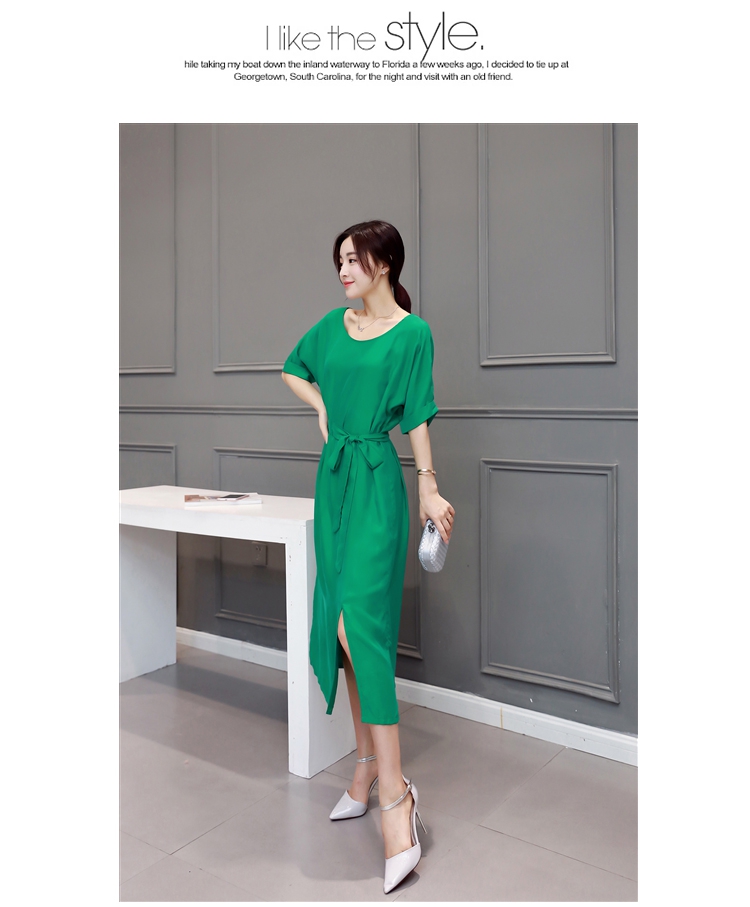 JEANE-SUNP2016年夏季新款潮流纯色中长款圆领短袖韩版修身显瘦连衣裙