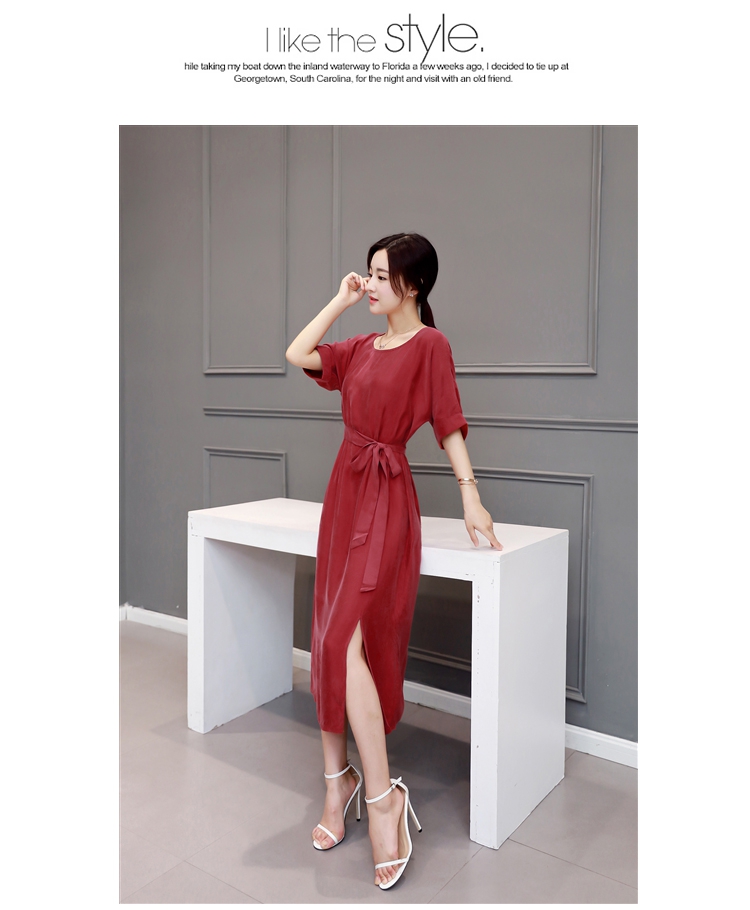 JEANE-SUNP2016年夏季新款潮流纯色中长款圆领短袖韩版修身显瘦连衣裙