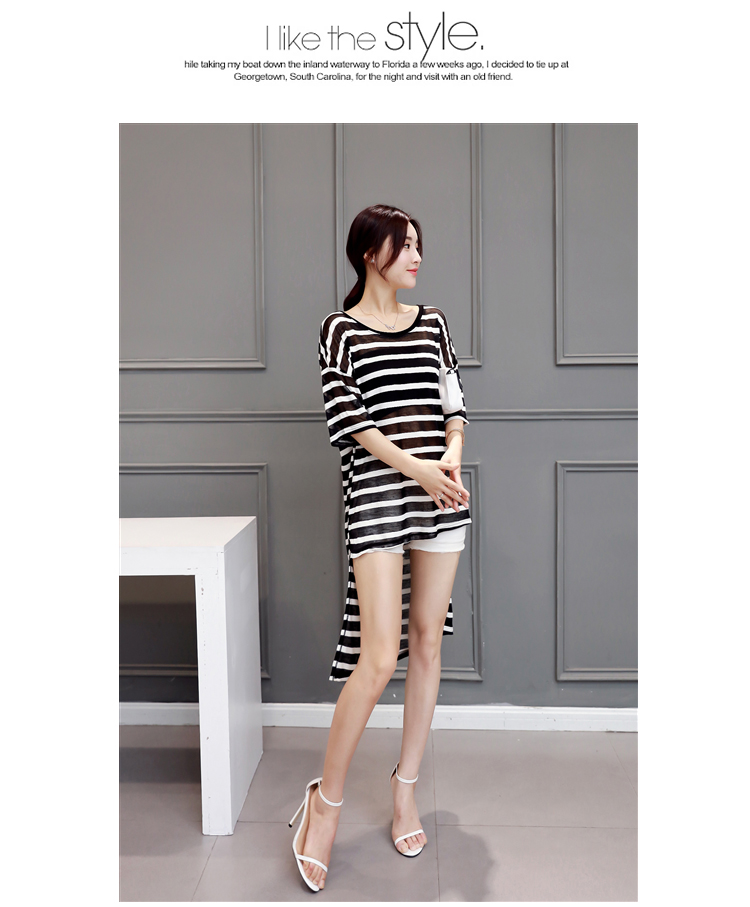 JEANE-SUNP2016夏装新款圆领时尚修身气质女士中长款燕尾条纹夏女连衣裙潮