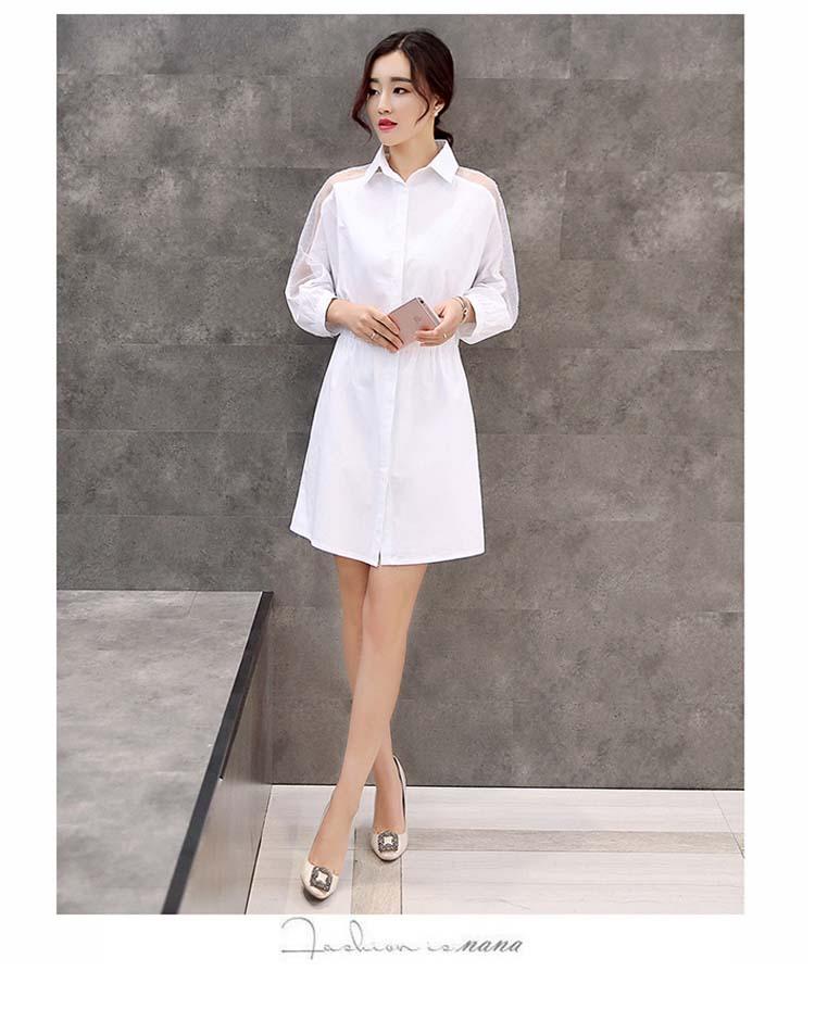 JEANE-SUNP2016秋装新款韩版中长款蕾丝衬衣宽松七分长袖打底衫纯色连衣裙女