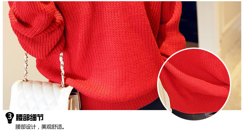 JEANE SUNP2016年秋季直筒短款长袖套头纯色红色百搭V领针织衫
