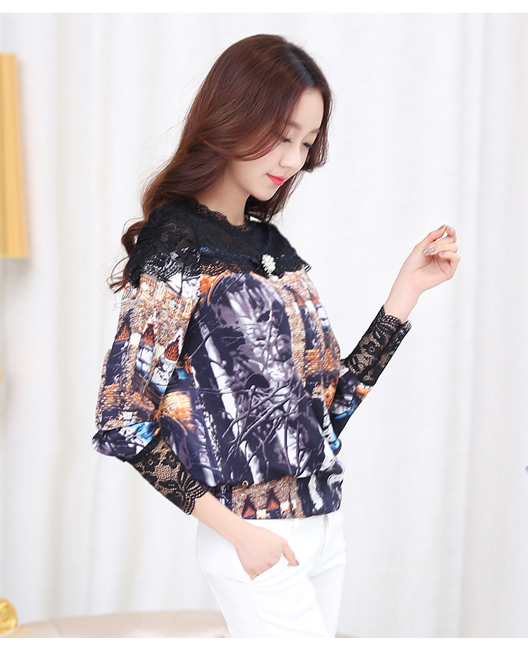 JEANE-SUNP2016秋季新款韩版蕾丝拼接印花色长袖短款雪纺衫