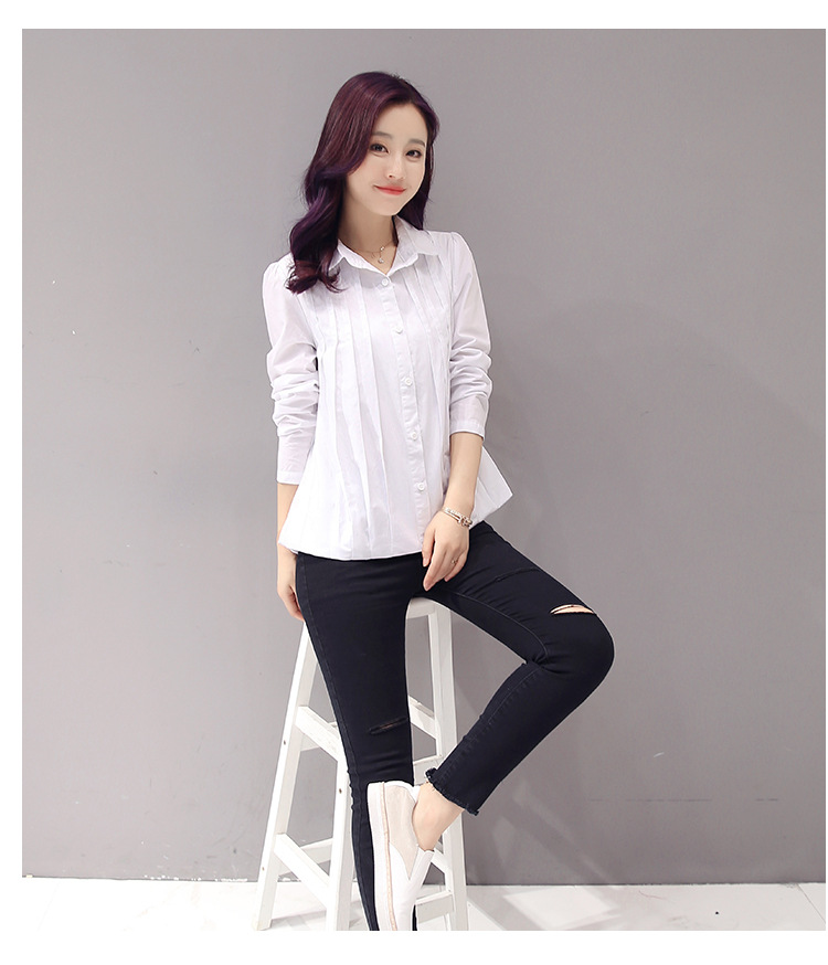 JEANE-SUNP2016秋装新款韩版纯色长袖衬衫时尚显瘦胸前褶皱单排扣衬衫