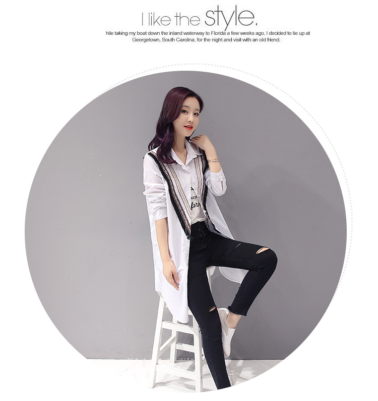 JEANE-SUNP2016年秋季韩版时尚中长款纯色POLO领长袖衬衫