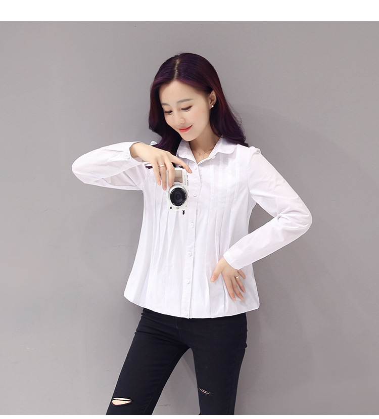 JEANE-SUNP2016秋装新款韩版纯色长袖衬衫时尚显瘦胸前褶皱单排扣衬衫