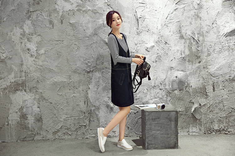 JEANE-SUNP2016年秋季时尚韩版纯色条纹长袖圆领套装牛仔套裙