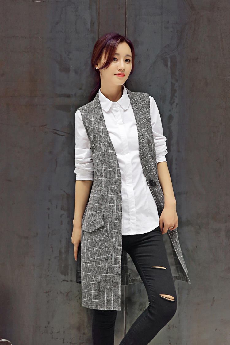 JEANE-SUNP2016年秋季新款韩版时尚修身格子一粒扣纯色马夹
