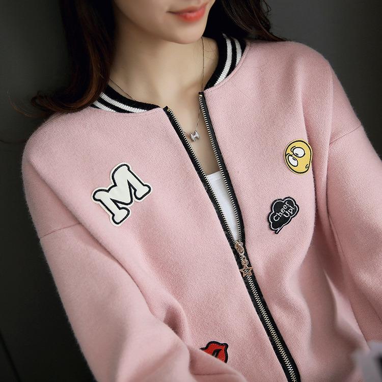 JEANE-SUNP 2016时尚女韩版针织学生贴布百搭短外套拉链潮流棒球服修身
