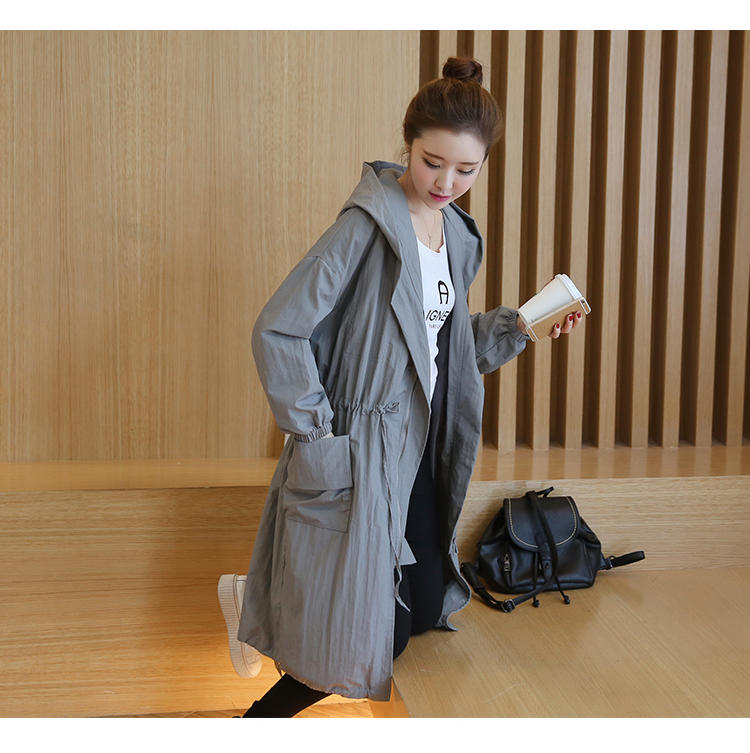 JEANE-SUNP 2016秋季新款韩版中长款修身抽绳显瘦连帽长袖大口袋风衣外套女