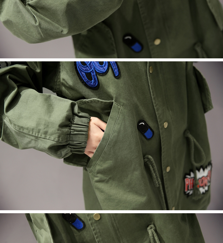 JEANE-SUNP 2016秋季新款女装韩版修身卡通贴布系带拉链中长款风衣外套潮