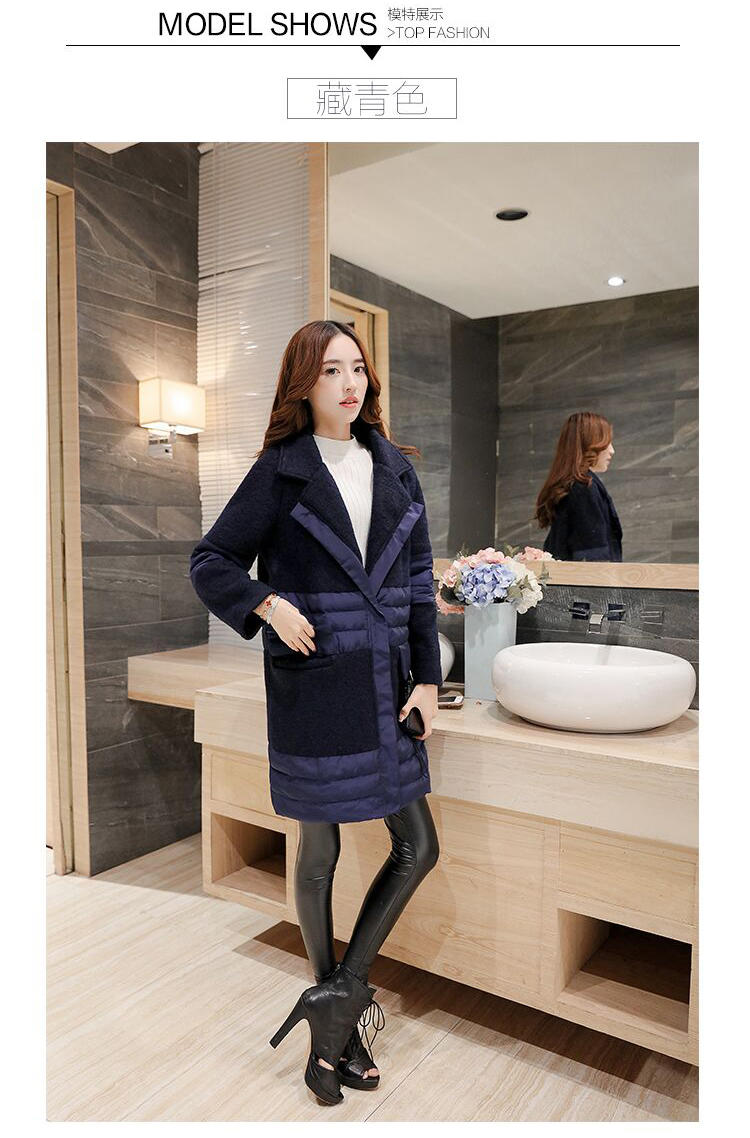 JEANE-SUNP2016秋韩版新款西装领长袖拉链拼接直筒显瘦中长款风衣毛呢外套女