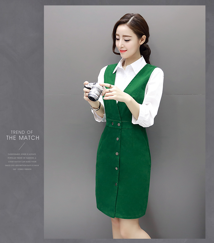 JEANE-SUNP 韩版单排扣条纹口袋系带连衣裙OL收腰修身衬衫裙子