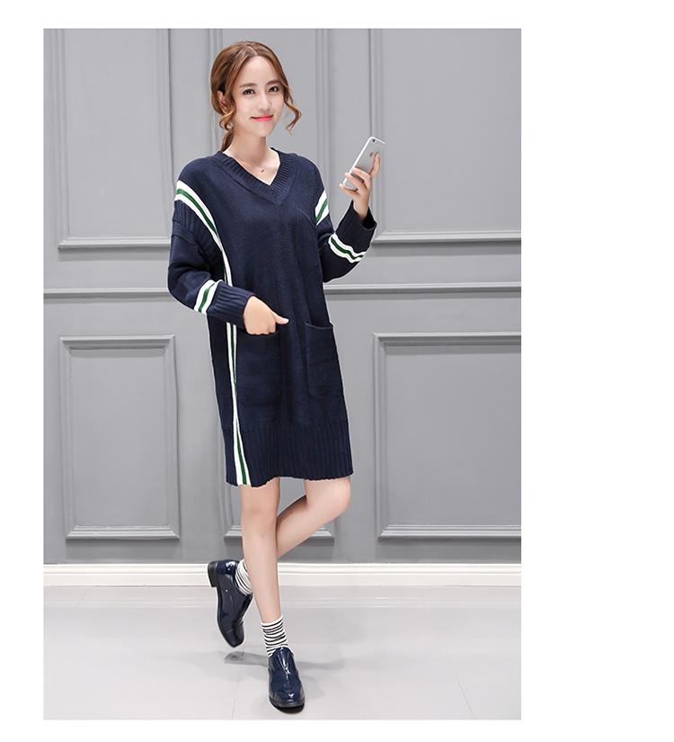 JEANE-SUNP 2016秋季新款女装韩版v领长袖针织衫甜美套头宽松中长款毛衣外套