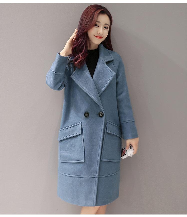 JEANE-SUNP 2016年冬季新款韩版女中长款修身西装领长袖纯色双排扣毛呢外套