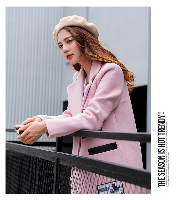 JEANE-SUNP 2016韩版秋冬新款羊毛呢大衣中长款宽松显瘦贴花拼接粉色毛呢外套