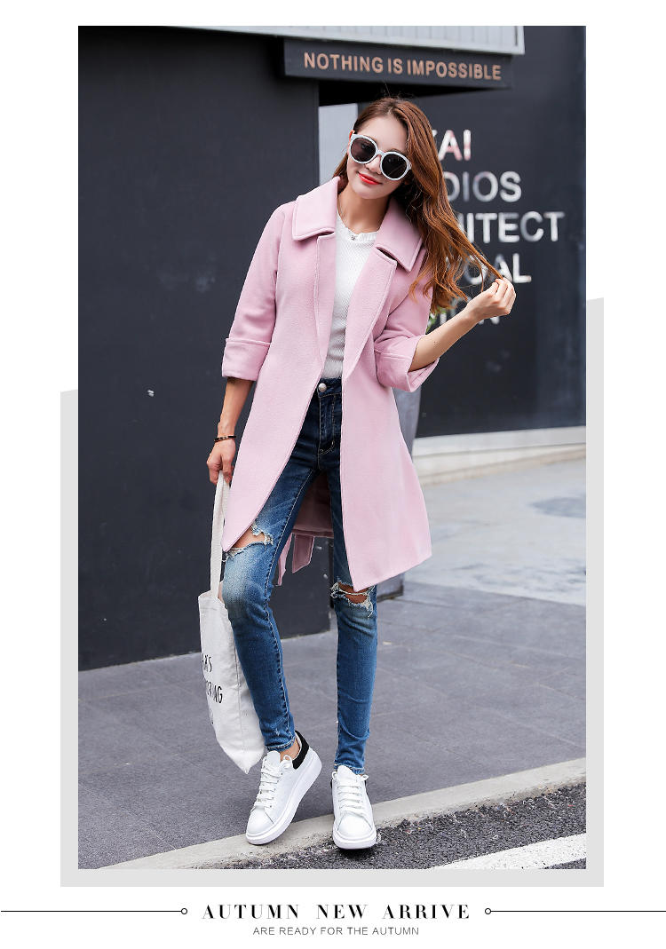 JEANE-SUNP 2016年冬季时尚纯色中长款七分袖系带POLO领毛呢外套