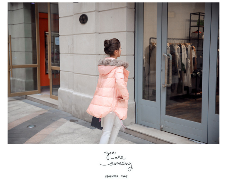 JEANE-SUNP 2016新款韩版女装A字版加大码中长款羽绒服连帽兔毛领宽松外套女