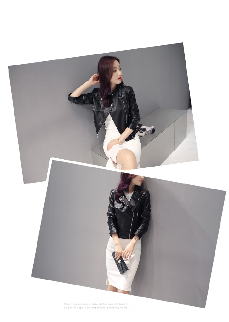 JEANE-SUNP 2016年秋季韩时尚长袖修身拉链PU立领短外套潮流气质夹克上衣百搭