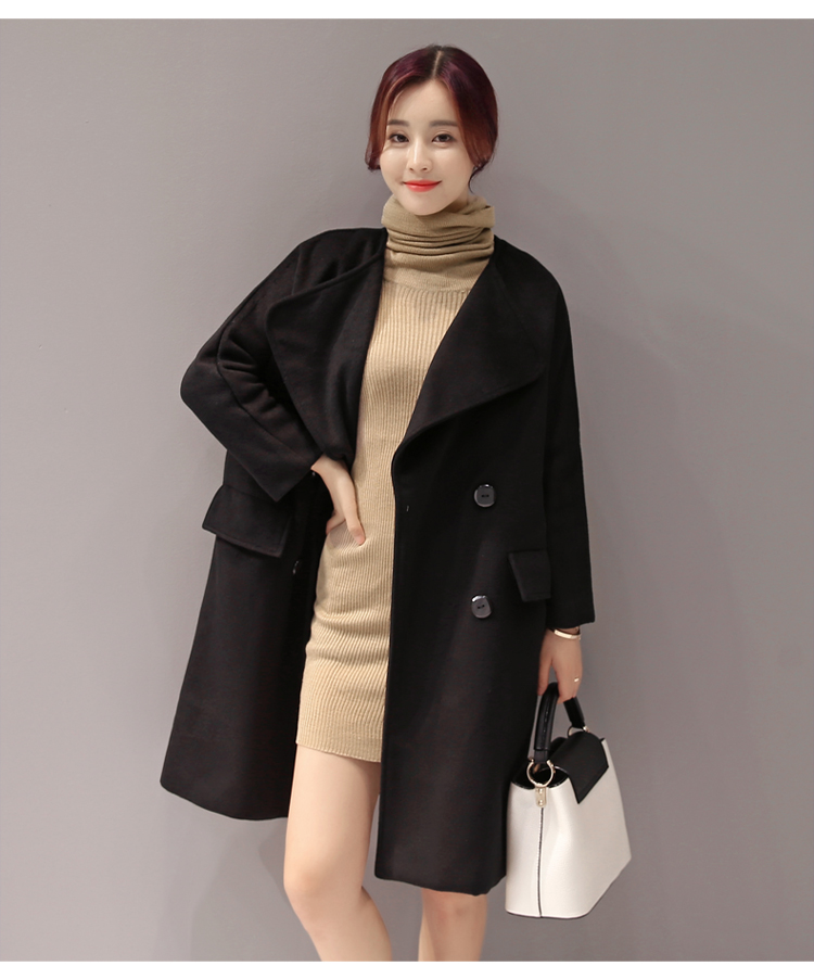 JEANE-SUNP 2016冬季女装韩版宽松显瘦中长款翻领加厚毛呢外套大衣