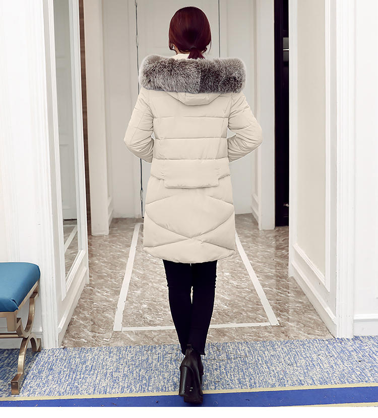 JEANE-SUNP 2016年冬季中长款修身纯色时尚气质棉衣拉链大毛领