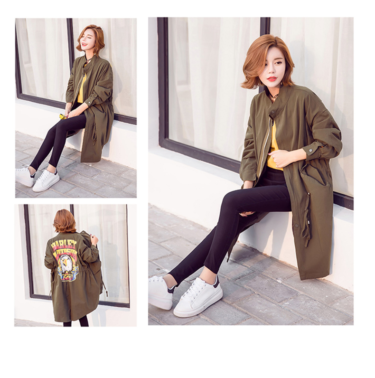 JEANE-SUNP 2016秋季新款女装韩版修身中长款长袖时尚抽带印花风衣