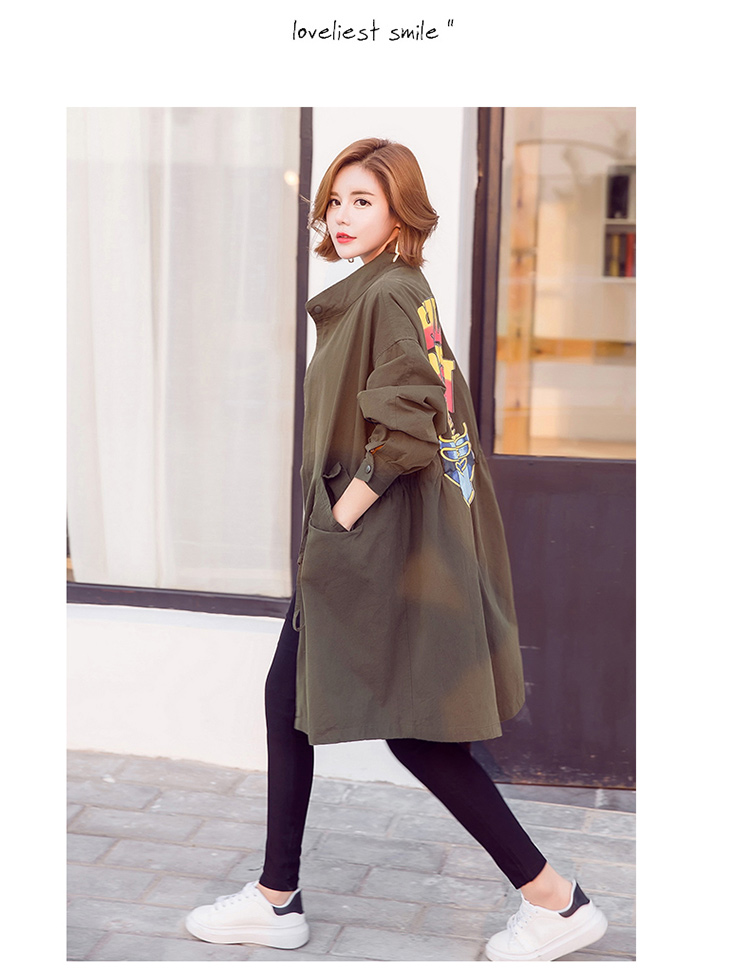 JEANE-SUNP 2016秋季新款女装韩版修身中长款长袖时尚抽带印花风衣