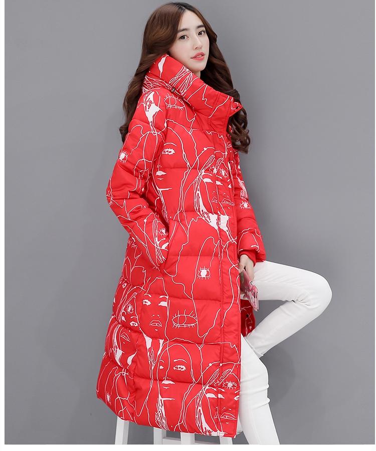 JEANE-SUNP 2016冬季新款羽绒棉服女韩版中长款棉衣印花修身加厚过膝棉袄外套