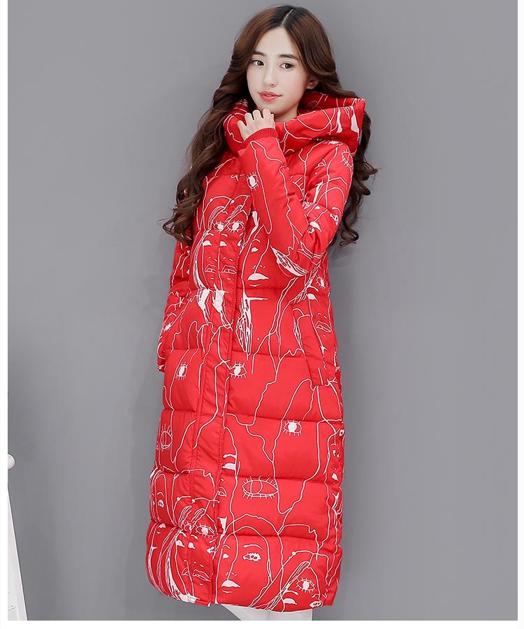 JEANE-SUNP 2016冬季新款羽绒棉服女韩版中长款棉衣印花修身加厚过膝棉袄外套