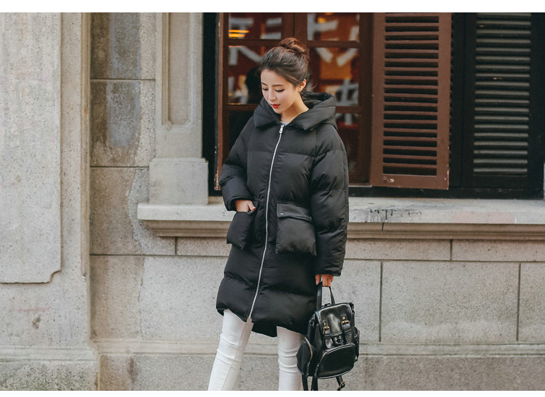 JEANE-SUNP 2016年冬季中长款长袖拉链棉衣纯色简约棉服