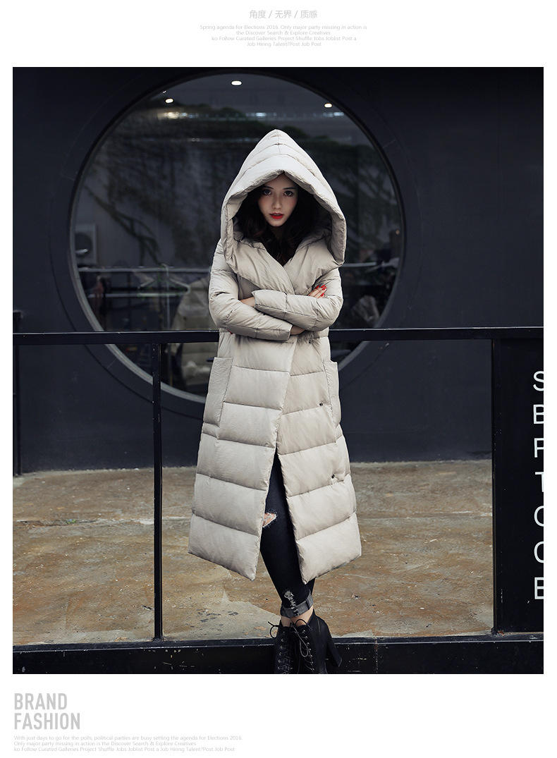 JEANE-SUNP 2016冬装新款韩版修身女中长款轻薄款显瘦连帽过膝羽绒衣潮