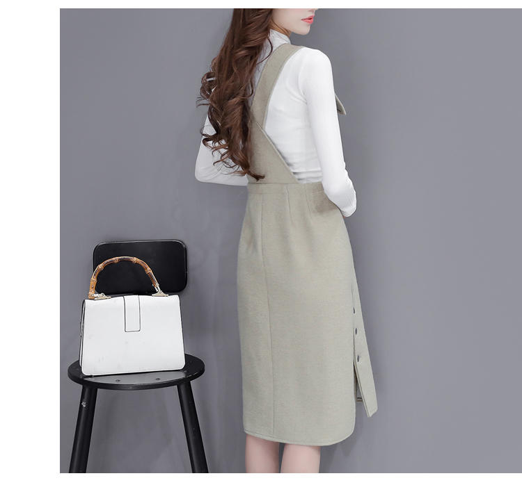 JEANE-SUNP 2016年冬季时尚韩版圆领简约气质纯色长袖背带套装