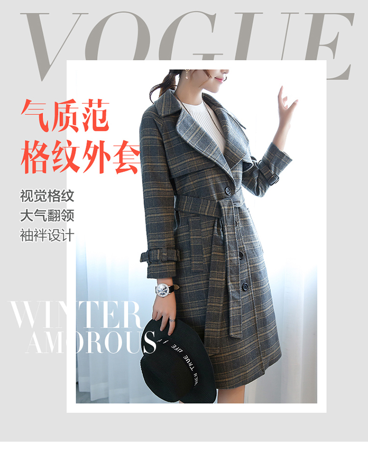 JEANE-SUNP 新款女装韩版中长款呢料外套气质西装领单排扣格子呢大衣潮