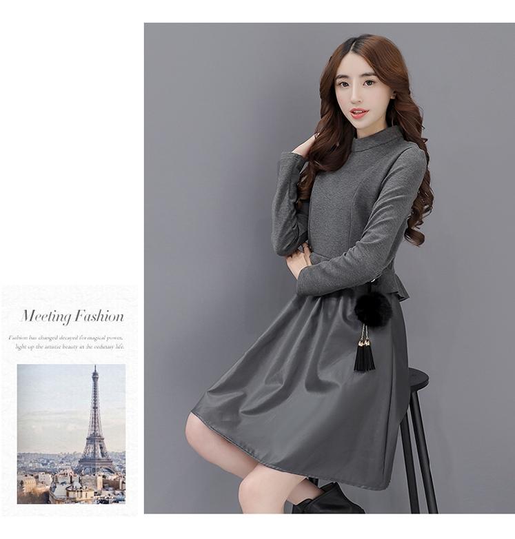 JEANE-SUNP 2016年冬季韩版新款长袖中长款纯色甜美圆领中腰修身连衣裙女潮