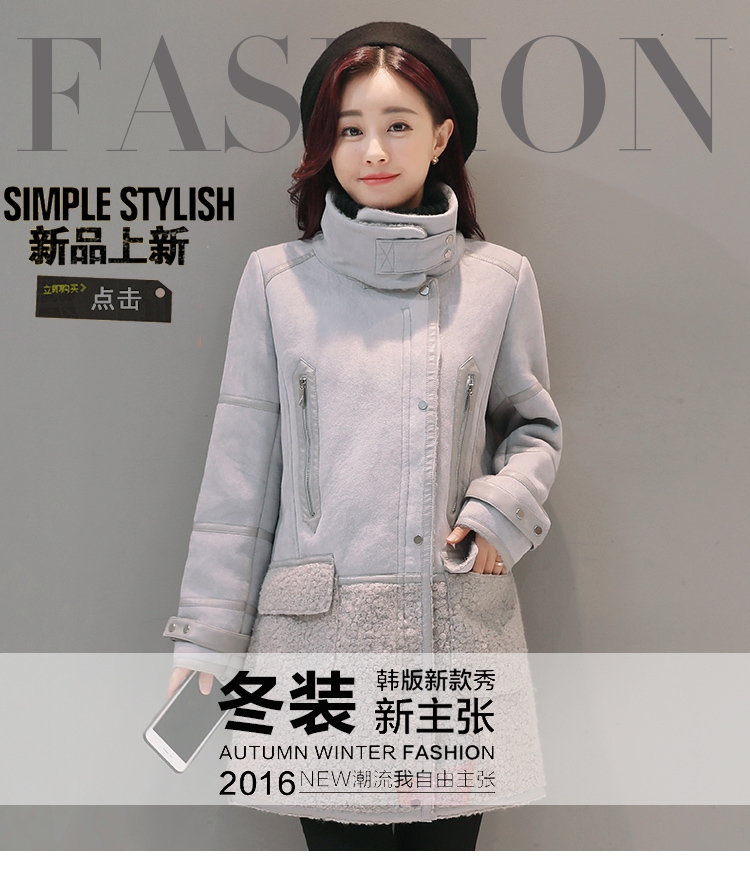 JEANE-SUNP 2016冬季新款韩版拼接羊羔毛毛呢外套气质显瘦中长款呢大衣女潮款