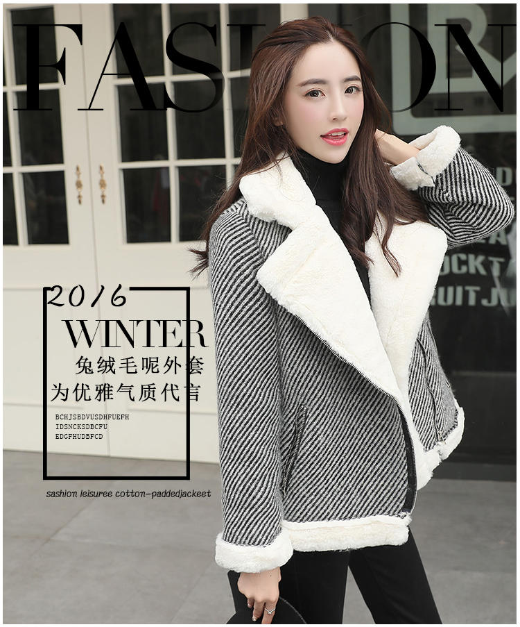 JEANE-SUNP2016年冬季 条纹西装领短款长袖韩版毛呢外套