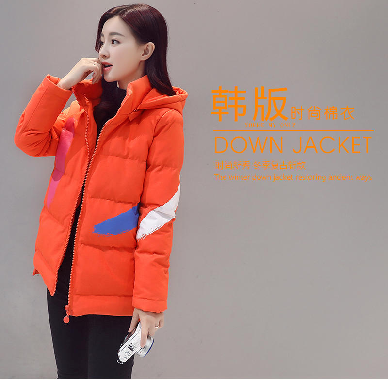 JEANE-SUNP 2016年冬季新款韩版棉衣棉服修身印花中款长袖简约连帽大衣