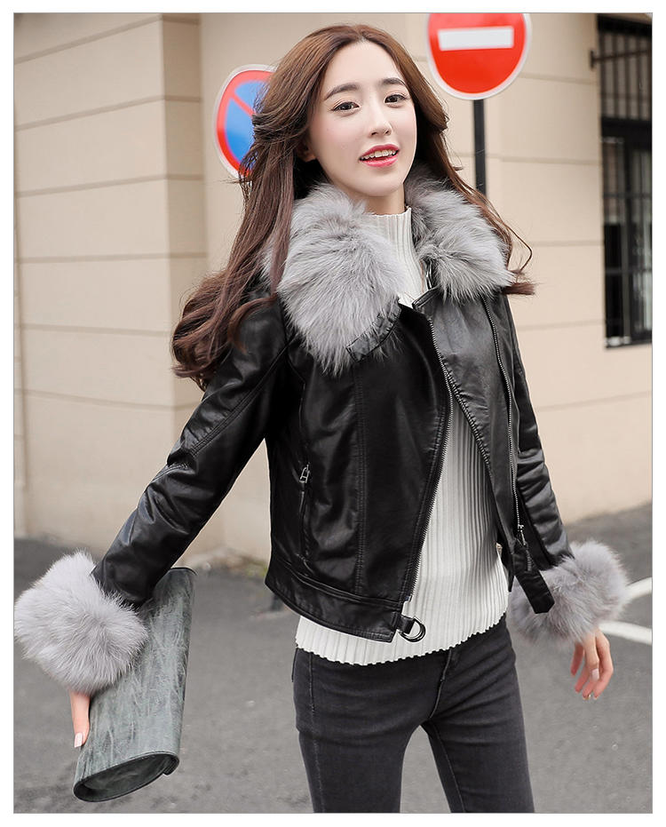 JEANE-SUNP 2016年冬季新款女装时尚修身西装领拉链优雅韩版皮衣外套