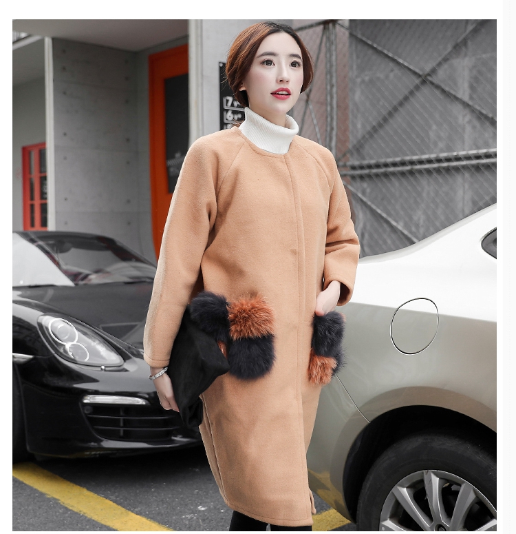 JEANE-SUNP 2016新款冬季时尚中长款潮流外套简洁干练舒适合身口袋撞色狐狸毛