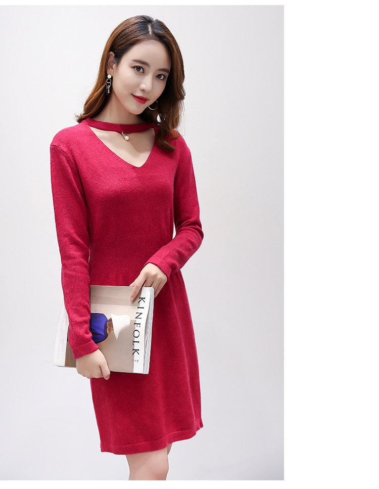 JEANE-SUNP 2016冬季长袖中长裙新款V领女装单件韩版甜美中腰修身纯色连衣裙
