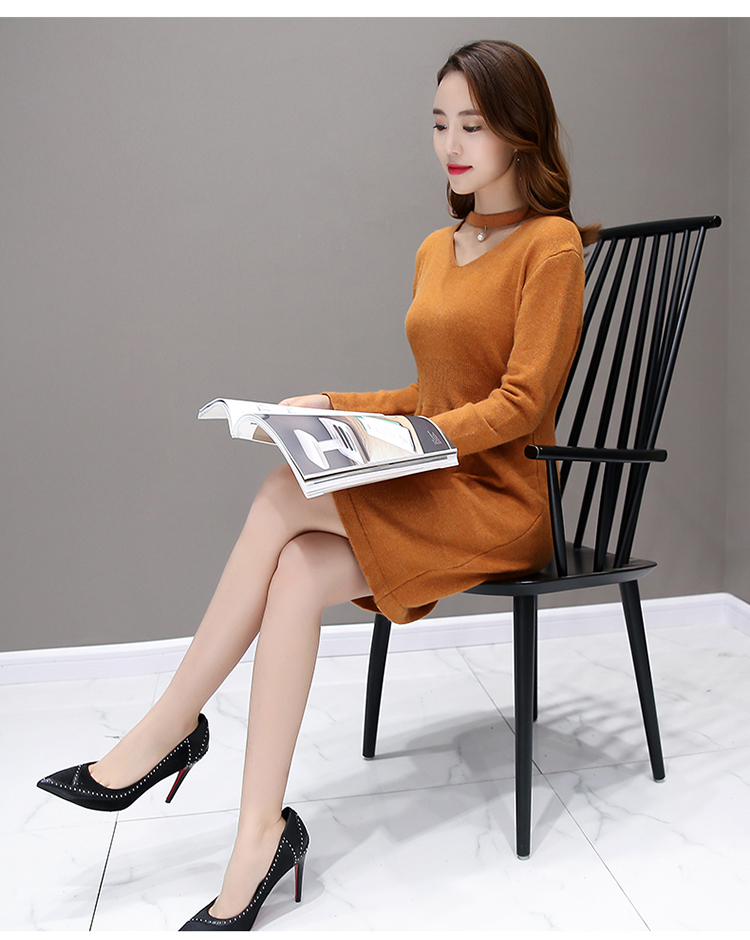JEANE-SUNP 2016冬季长袖中长裙新款V领女装单件韩版甜美中腰修身纯色连衣裙