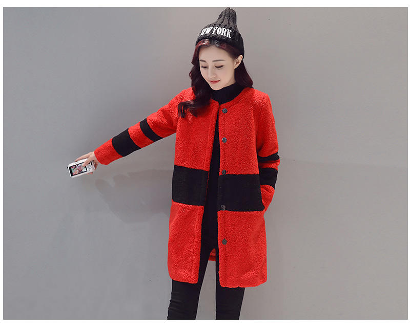JEANE-SUNP 2016年冬季中腰长袖拼接单排扣时尚潮流韩版百搭甜美毛呢外套