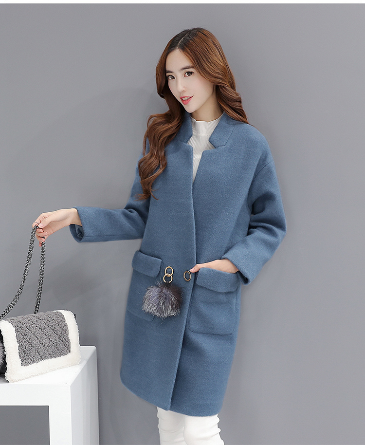 JEANE-SUNP 秋冬新款韩版女装中长款毛呢外套修身显瘦呢子大衣配毛球